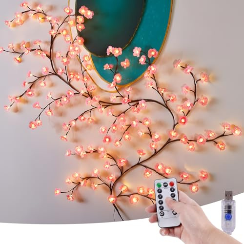 FORNORM Cherry Blossom Lights, Flower Fairy Lights for Bedroom Wall Decor Flexible Twig Vines Light Autumn Decor, 144 LED 2.3 Metres 18 Branches, 8 Flash Modes, Remote Control with Timer (Pink)