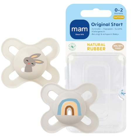 MAM Original Start Latexschnuller, 0-2 Monate, 2 Stück | Stillfreundlich & zahnfreundlich, extra klein & leicht, Naturkautschuk, inkl. Sterilisierbox