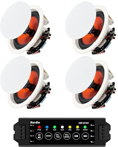 Herdio 4 Pouces Haut-parleurs Bluetooth de Plafond de 10,2 cm, Enceinte encastrable Plafond de Salle de Bains Blanc, 480 W, Parfaits pour la Salle de Bain, la Cuisine, Le Salon(4 Haut-parleurs)
