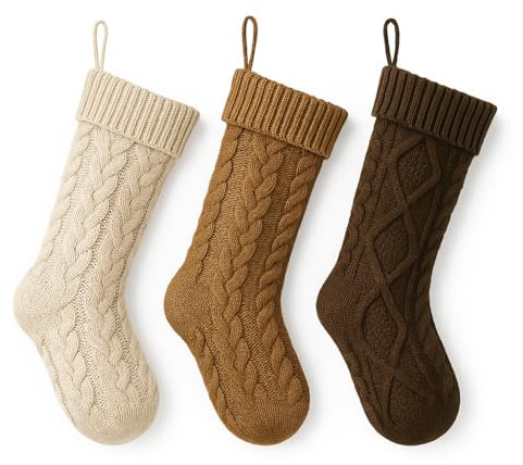 GEN:ZAI Lot de 3 chaussettes de Noël tricotées - Décoration à suspendre pour cheminée - 46 cm - Beige neutre - Marron crème - Chaussettes de cheminée de Noël pour décoration de maison de vacances