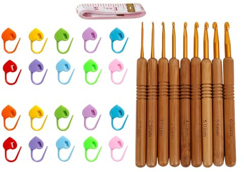 9 Stück Häkelnadel set holz |Häkelnadeln|Ergonomische häkelnadel,crochet hook für Arthritische Hände, Ergonomischer Holzgriff zum Häkeln Häkelset für Anfänger (2,0-6,0 mm)