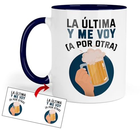 Kembilove Taza graciosa “La última y me voy (a por otra)” – Regalo divertido para amantes de la cerveza – Idea original para cumpleaños amigo invisible compañeros y fiestas – Taza cervecera