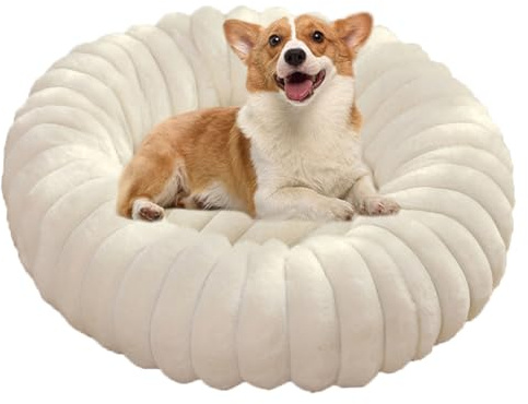 Yuly Lit Chat Donut, Panier pour Chien Peluche, Coussin Animaux Lavable, Doux et Moelleux, Antidérapant, Tapis Rond Orthopédique pour Petit Moyen Grande Chiens et Chats (Blanc,50cm/19.7in)