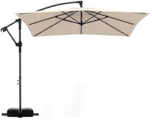 GOPLUS Sombrilla Terraza Exterior 2,5 x2,5m con 32 Luces LED Solares, Parasol Excentrico Jardin Giro de 360°, 8 Varillas, Resistente al Viento y GuardaSol (con Base sin LED, Beige, 2,5 M)