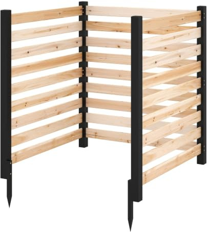 HOMASIS Cache-Climatiseur Extérieur en Bois Massif, Brise-Vue de Jardin Décorative, Paravent Cache-Poubelle avec 3 Piquets, Clôture de Confidentialité (Naturel, 3 Panneau,99x107cm)