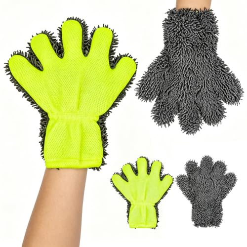 TINA.WIN 4 Stück Auto Waschhandschuh Mikrofaser 5-Finger für Motorrad | Weiche Mikrofaser mit Chenille-Seite nimmt Staub & Schmutz auf 5-Finger-Design für Autos, LKWs, Motorräder und Bootsdecks