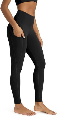 ODODOS Women's High Waisted Full Length Yoga Leggings with Pockets, 28 Inseam Tummy Control Non See Through Workout Athletic Running Yoga Pants, Black, Large