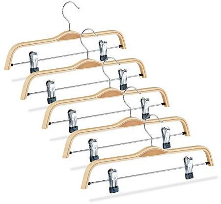 Relaxdays Hosenbügel Holz 50er Set, verstellbare & gummierte Clips, Natur | 360° drehbarer Haken, Kleiderbügel, 37cm breit