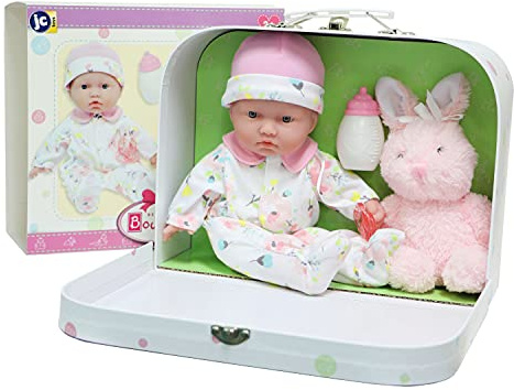 JC TOYS Poupée La Baby de 28 cm et Mallette de Voyage en Cadeau, la poupée a Un Corps Doux et Lavable, tétine biberon et Peluche, Rose, conçue en Espagne, +12 Mois