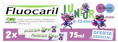 FLUOCARIL - Dentifrice Junior 6-13 ans Anti-Caries Bi-fluoré 145mg - Arôme/Goût Chewing-gum - Aide à prévenir les caries et renforce l'émail des premières dents définitives - lot de 2x75ml