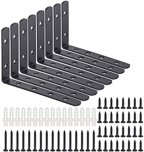 Starvast Wandwinkel, 8 Stück, Wandregal, Halterung in L-Form, 125 mm x 75 mm x 20 mm, Befestigung mit 48 Schrauben und 16 Stück Anker (schwarz)