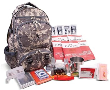 ReadyWise Emergency Survival Gear – Tactical Military Backpack, Camping Essentials Bug Out Bag & Survival Kit, Prepper & Hurricane Supplies, Meal Pouches with up to 25 Year Shelf Life, 64 Piece, Camo