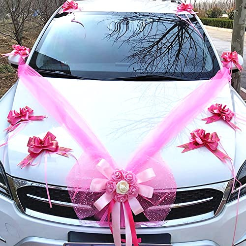 Organza Autoschmuck Set,Braut Paar Hochzeit Autoschleife Große Car Bow Tüll Schleife Riesenschleife Dekoschleife für Auto Dekor Hochzeit New Houses Party Feier Valentinstag Brautwagen Deko,Rosa A