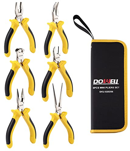 DOWELL 6-teiliges Mini-Zangen-Set, Nadelspitze, diagonale lange Nase, gebogene Nase, Endschneiden, Linesman für Handwerk und elektronische Geräte, inklusive Tasche