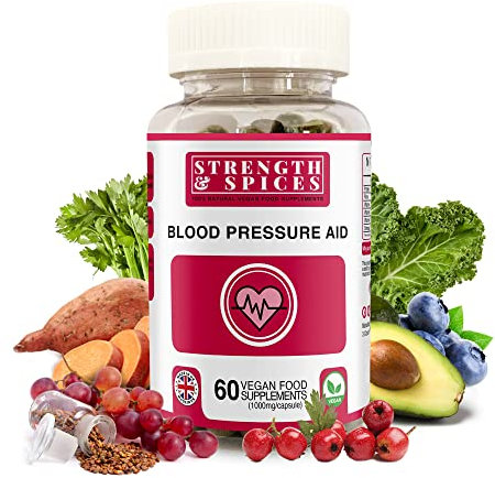 Strength & Spices Blood Pressure Aid, Immune System Booster Herbal Supplements, Blood Pressure Tablets with 15 Natural Ingredients Including Hawthorn Berry and Grape Seed, 1000 mg, 60 Capsules