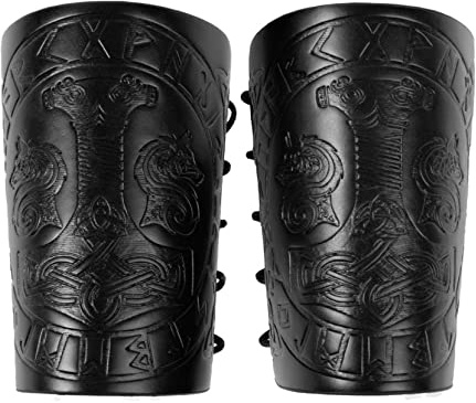 Thajaling 2 Stück Wikinger-Armschienen, Mjölnir-geprägte Armschützer, handgefertigte Leder-Armschützer, Mittelalterliches Gauntlet-Armband, Vintage Dragonweave-Armschienen für Männer (Schwarz)