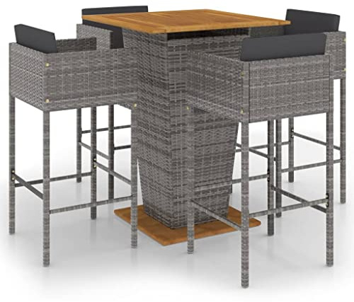 vidaXL Gartenbar Set 5-TLG. mit Kissen Theke Bar Tresen Gartentheke Bartisch Stehtisch Barhocker Barstuhl Gartenmöbel Poly Rattan Grau