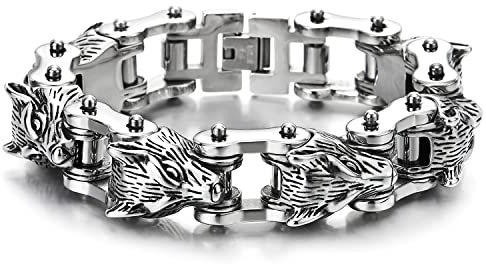 COOLSTEELANDBEYOND Hombre Pesado y Robusto Acero Cabeza de Lobo Cadena Enlace Motocicleta Biker Cadena Pulsera con Cierre Desplegable