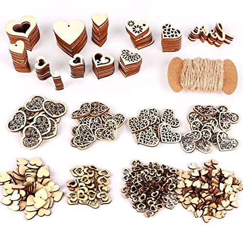 MACTING Packung mit 520 kleinen Holzherzen zum Basteln, holzherzen hochzeit deko aus Holzherzen, natürliche streudeko herzen mit 5 Liebesholzdekorationen und 33 Fuß Juteschnur, tisch deko, Weihnachten