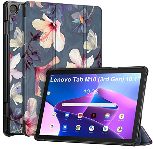 Fintie Hülle exklusiv für 2022 Lenovo Tab M10 (3. Gen) Tablet 10.1 TB-328FU/TB-328XU (Nicht für 2025 Lenovo Tab 10.1), Ultradünne Schutzhülle mit Auto Schlaf/Wach Funktion, Blühender Hibiskus