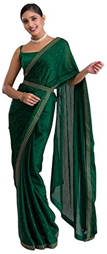 TRENDMALLS Women's Moss Chiffon Siroski work Saree with Belt Unstitched Blouse Piece (K961-DarkGreen)