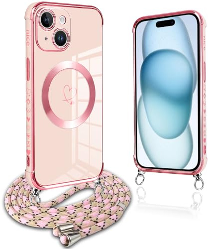 Pnakqil per Magnetica Cover per iPhone 15 Plus con Cordino, Compatibile con MagSafe, Ultra Sottile Cuore Silicone Custodia con Laccio Tracolla, Elettrolitico TPU Case con Collana, Rosa