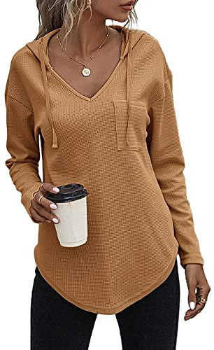 Cuptacc 2025 Ladies Knit Sweaters Long Sleeve V Neck Going Out Tops for Women Casual Camel 2XL