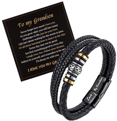 LAXPICOL Läderarmband för män, present till son/barnbarn/man, läderarmband med magnetiskt spänne i rostfritt stål, flätat läderarmband, födelsedagspresent för män, 8.2 inches, Läder Rostfritt stål