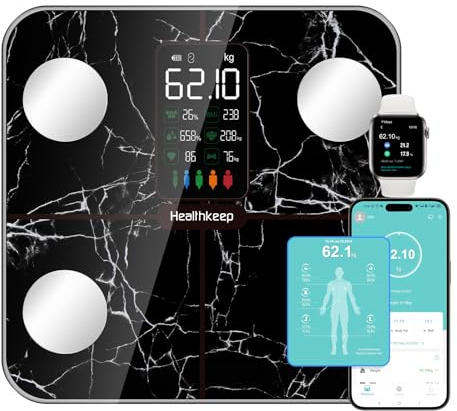 Balance Pèse Personne, Healthkeep Balance Connectée Impédancemètre Grand Écran VA avec Fréquence Cardiaque avec 15 Mesures Avec APP pour Andriod et iOS 180kg/400lb/28st, Noir