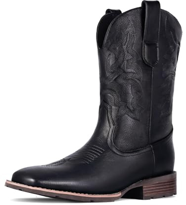 Suokdil Cowboy Boots for Men - Men's Western Boots with Embroidery, Slip Resistant Square Toe Chunky Heel, Durable and Fashionable Retro Classic Footwear for Spring and Fall Black 10