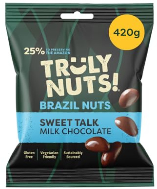 Truly Nuts! Milk Chocolate Brazil Nuts 420g | No Palm Oil | Wild Amazon Brazil nuts in smooth creamy milk choc. No palm oil. Source of selenium. Reforests the Amazon. 14 pouches.