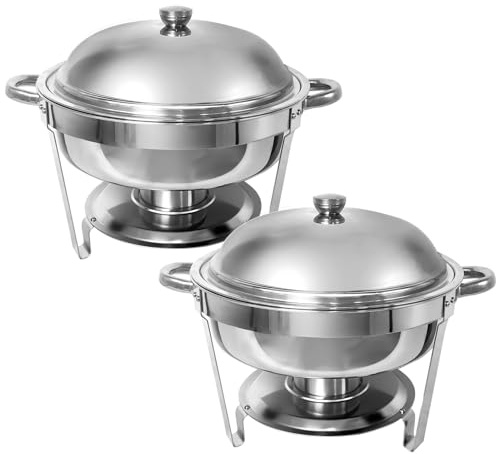 PRIJESSE Chafing Dish Buffet Set Full Size Stainless Steel, Silver Round Catering Warmer Set with Food and Water Trays, Mirror Cover, Thick Stand Frame for Kitchen Party Banquet (5.5L 2 Pack)