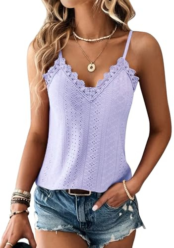 TrendiMax Damen Spitze Top Sommer V Ausschnitt Spaghetti Oberteile Ärmellose Shirt Sexy Cami Top (M, Helllila)