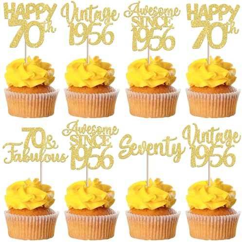 SYKYCTCY 30 Pack Happy 70th Birthday Cupcake Toppers Glitter Seventy Vintage 1956 Cupcake Picks Cheers to 70 Fabulous Cake Decorations for 70th Birthday Wedding Anniversary Party Supplies Gold