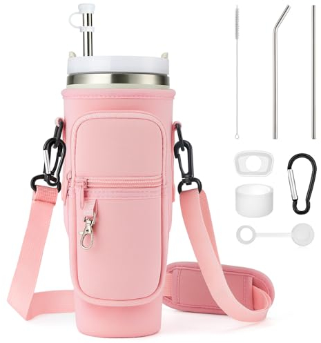 Enbagold Water Bottle Carrier Bag for Stanley Cup 40oz, Water Bottle Holder with Strap & Phone Pocket, Reusable Straw & Straw Brush & Straw Cover & Leak Proof Accessories and Carabiner Clip (Pink)