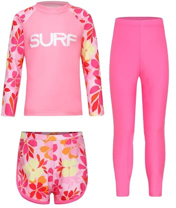 Yruioon 3-delad baddräkt för pojkar och flickor UV skydd långärmad rashguard shorts + byxor muslimska badkläder Sursimkläder, ROSA, 134-140