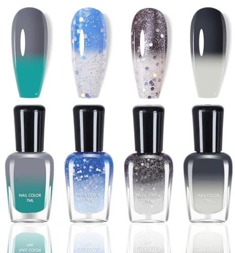 Color Changing Nail Polish Sets, Temperature Colour Changing Quick Dry Nail Varnish Sets, Long-Lasting Glitter Nail Polish DIY at Home Nail Varnish Sets for Women Without Use UV Lamp (Blue Set)