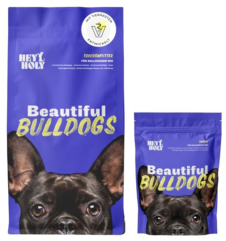 HEY HOLY Set 7 kg Premium Trockenfutter & 1 x 150 g Snacks für Bulldoggen 100% getreidefrei | Hundefutter & Leckerlis für ausgewachsene Bulldoggen mit Lachs | Hochverträglich aus natürlichen Zutaten