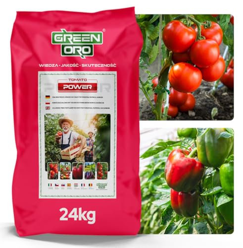GREEN ORO TOMATO POWER 24KG – Engrais spécial pour tomates, poivrons, courgettes, aubergines, pommes de terre, concombres et citrouilles – Effet prolongé jusqu'à 100 jours.