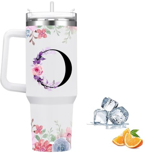 Botella Agua Termica Personalizada, Cool Bottles de Acero Inoxidable de 1.2 Litros, Termo Cafe para llevar con tapa y pajita, Copo Termico sin BPA, Letras de Moda, Regalos Originales para Mujer (O)