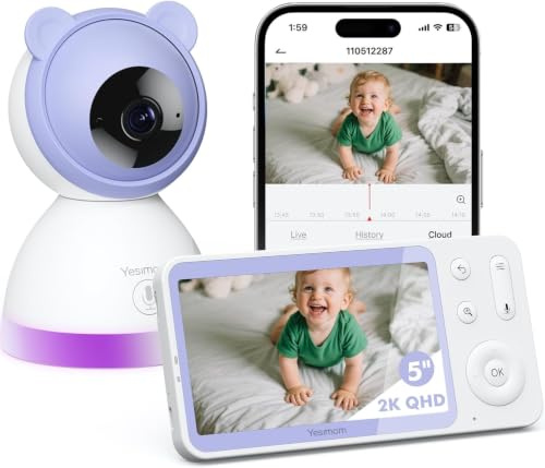 YESIMOM 720P/5 Zoll Babyphone, Kamera, PTZ 355 ° Babyphone, angeschlossenes Video, Smartphone, Videotelefon mit intelligenten Warnungen/Nachtsicht