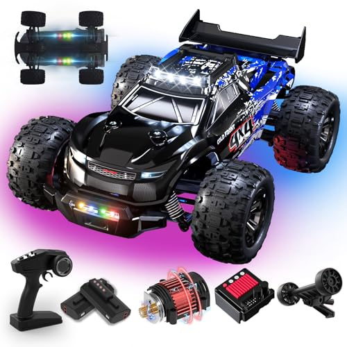 RC Bil Brushless 60 KM/H, 1/14 fjärrstyrd bil vuxna med 7 färger lampor, uppgraderbar till 3S 75 KM/H, monstertruck, fjärrstyrd med 2 x 2 000 mAh batteri, fjärrstyrd bil från 8 10 11 12 år