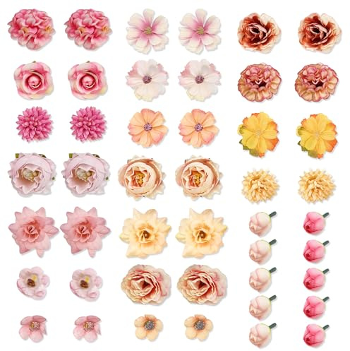 JNYUTEEN 50 Pièces Fleurs Artificielles pour Travaux Manuels, Roses et Orange Têtes de Fleurs Artificielle, Fleurs Artificielles Deco Fleurs en Soie pour Bricolage Mariage Scrapbooking
