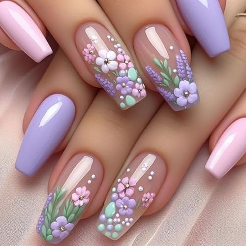 Long Coffin Press On Nails with 3D Floral Design – Pastel Lilac & Pink Fake Nails, Glue On False Nails for Women, Handmade Look Reusable Acrylic Nails for Wedding Party Spring Summer Daily Wear