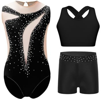 Yruioon 3 Stück Mädchen Turnanzug Ärmellos Gymnastikanzug Streifen Gymnastik Leotard + Sport BH Tops + Shorts Turnen Gymnastik Kleidung
