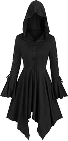 Generisch 2026 Disfraz de Halloween Navidad manga larga medieval gótico patchwork chaqueta con capucha dobladillo irregular con tirantes vestido de abrigo (negro, XXL)
