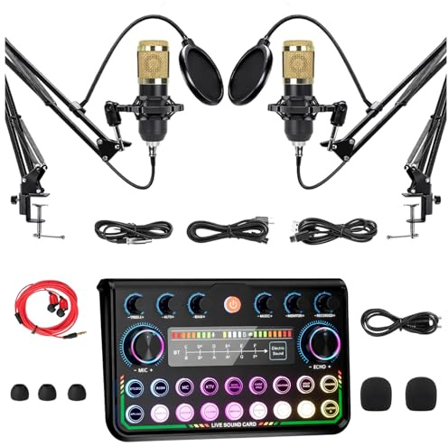Dual Streaming Microphone Kit,2 Person Podcast Equipment Bundle with Sound Board Voice Changer,Audio Interface with Podcast Microphone,Condenser Mic Podcast DJ Mixer Set for Gaming YouTube TikTok Zoom