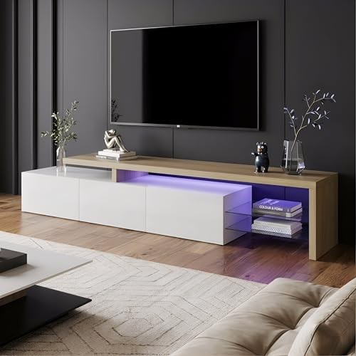 ZSSWSS Mobiletto TV LED 200 cm,Mobili TV con Ripiano in Vetro,Mobile TV da Soggiorno,Panca TV Moderno in Legno con 3 Armadietti,Armadio Basso Soggiorno per Interni e Camera da Letto,Bianco