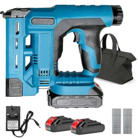 Cordless Brad Nailer Kit, 2-in-1 Rechargeable Finish Nailer & Stapler, 18 Gauge Electric Nail Gun. 2×2.0Ah Makita 18V-Compatible Batteries, 1000 Nails/Staples Included. Adjustable Nail Depth Control.