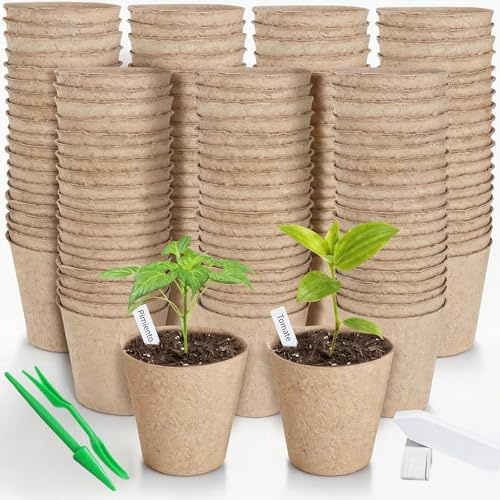 100 Piezas Redondas Macetas biodegradables de 6 cm, Kit de Inicio de Plántulas Biodegradable y Ecológico, Semilleros Germinacion Macetas con 100 Etiquetas de Plantas y 2 Herramientas de Plantación